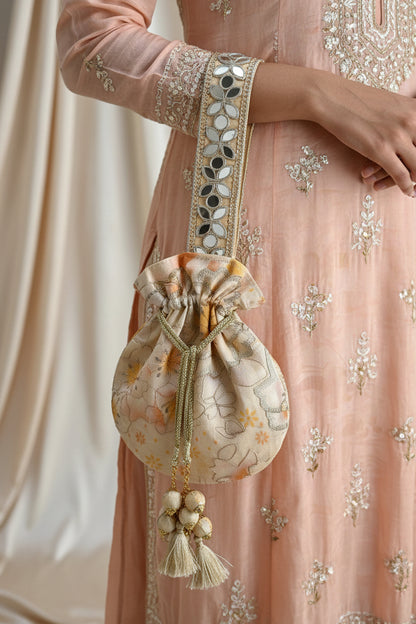 Off-White Floral Mirror Work Strap Potli