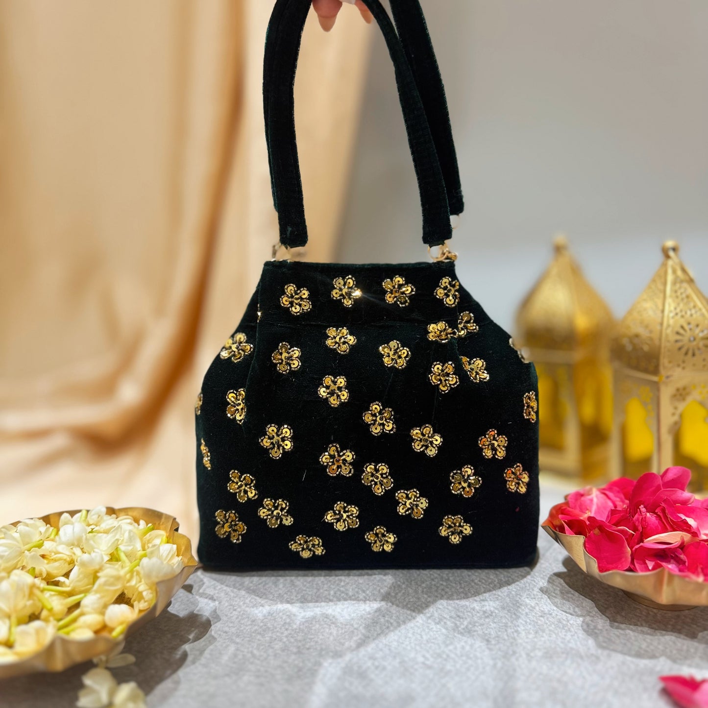 Cow Pichwai Green Velvet Handbag