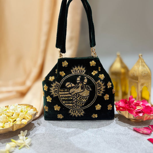 Cow Pichwai Green Velvet Handbag