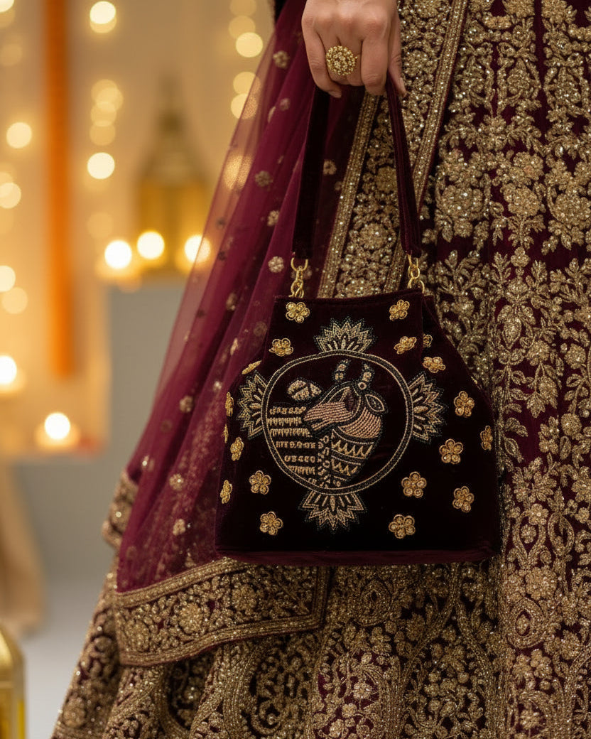 Maroon Cow Motif embroidered handbag with golden zardozi detailing 