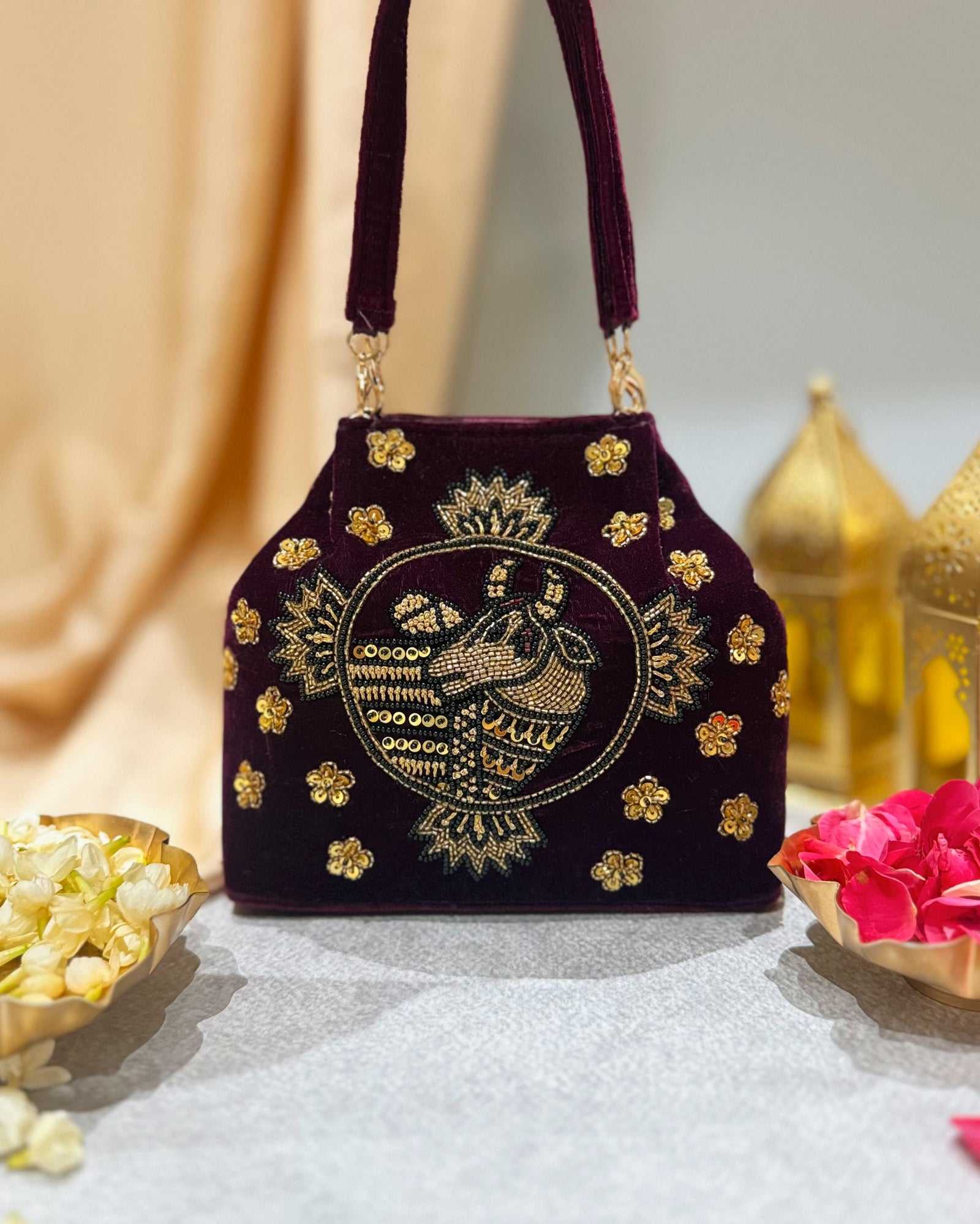 Cow Pichwai Maroon Velvet Handbag