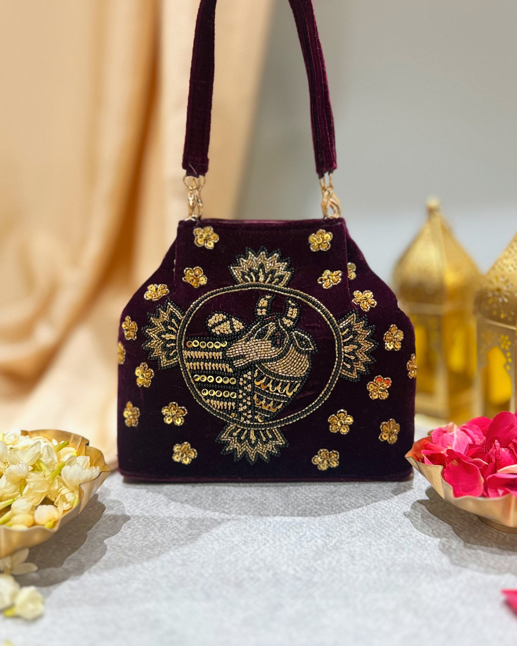 Cow Pichwai Maroon Velvet Handbag
