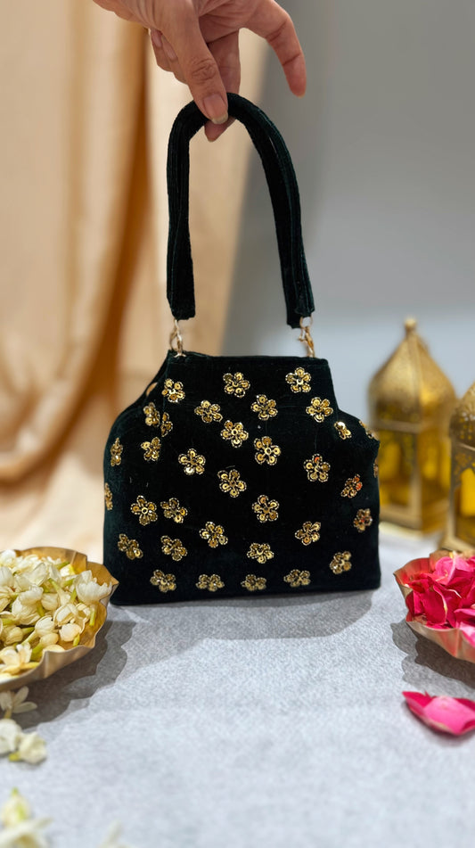Green embroidered handbag with floral pichwai in golden zardozi work