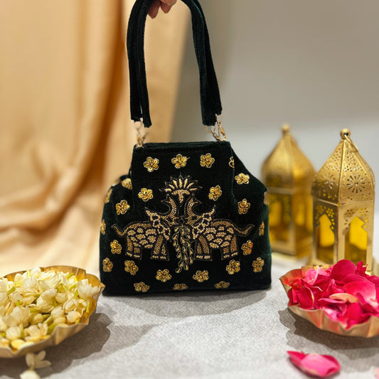 Elephant Pichwai Green Velvet Handbag