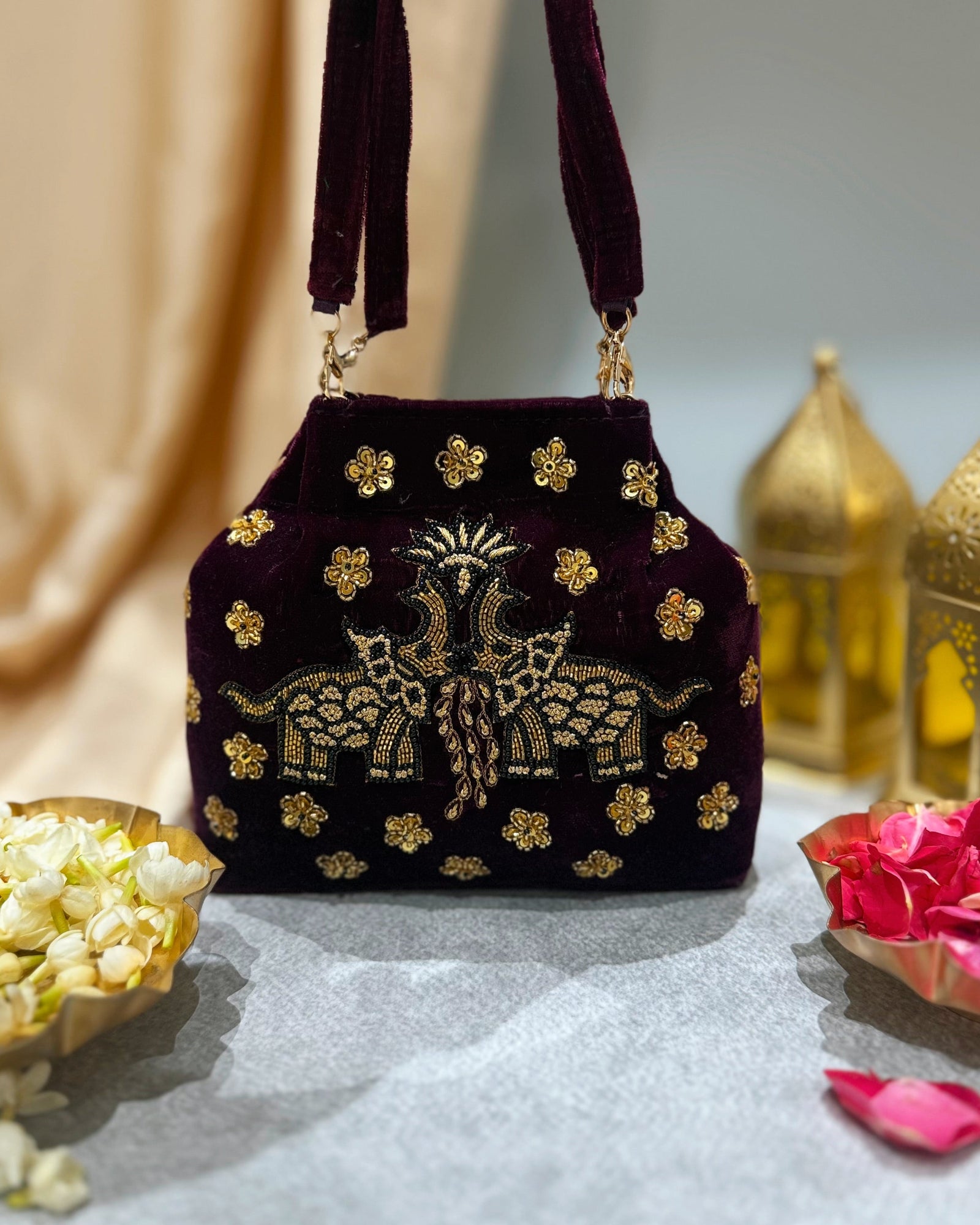 Elephant Pichwai Maroon Velvet Handbag
