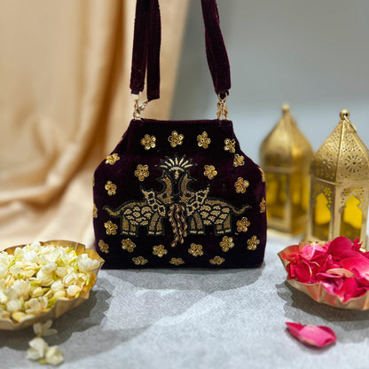 Elephant Pichwai Maroon Velvet Handbag