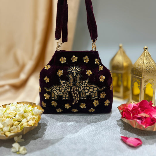 Elephant Pichwai Maroon Velvet Handbag