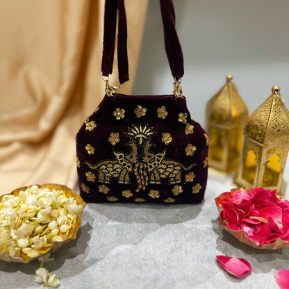 Pichwai Elephant Motif Gold Zardozi embordered handbag