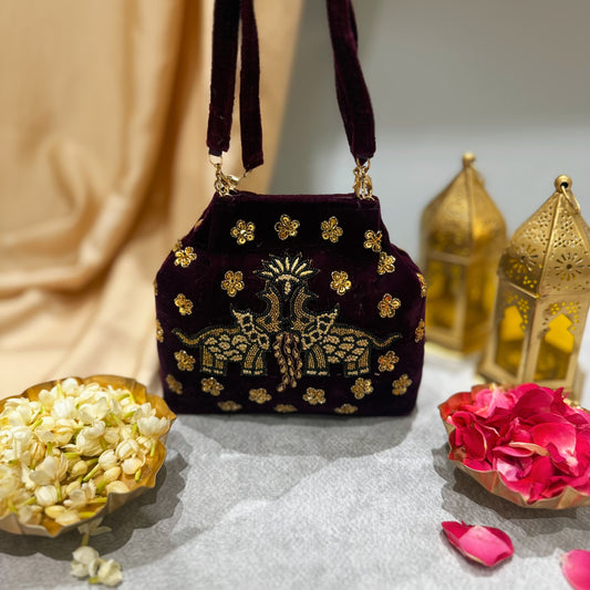 Elephant Pichwai Maroon Velvet Handbag