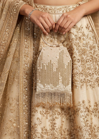 Pearl Embroidered Gold Bangle Handle Handbag