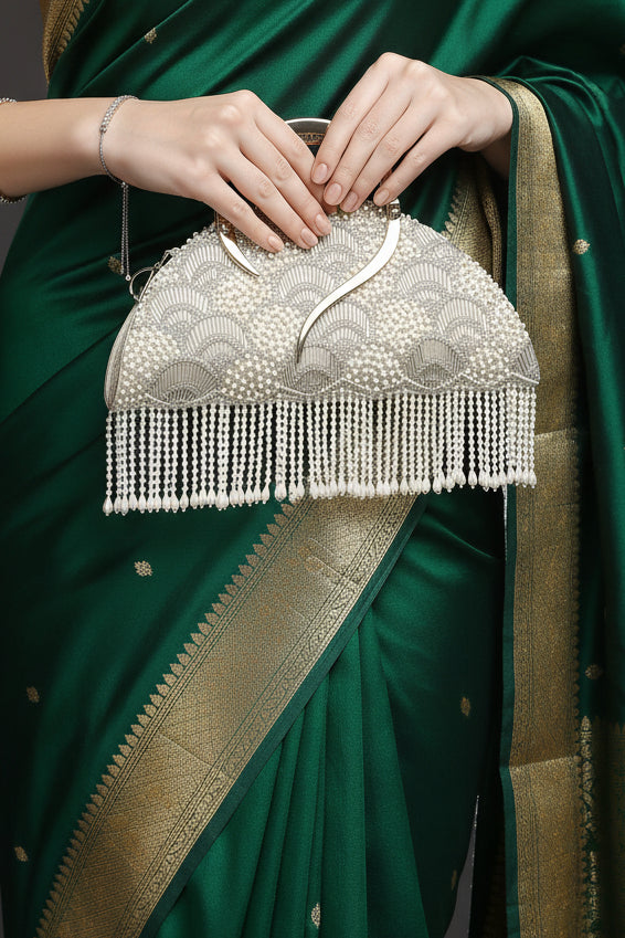 Pearl Embroidered Gold Halfmoon Clutch