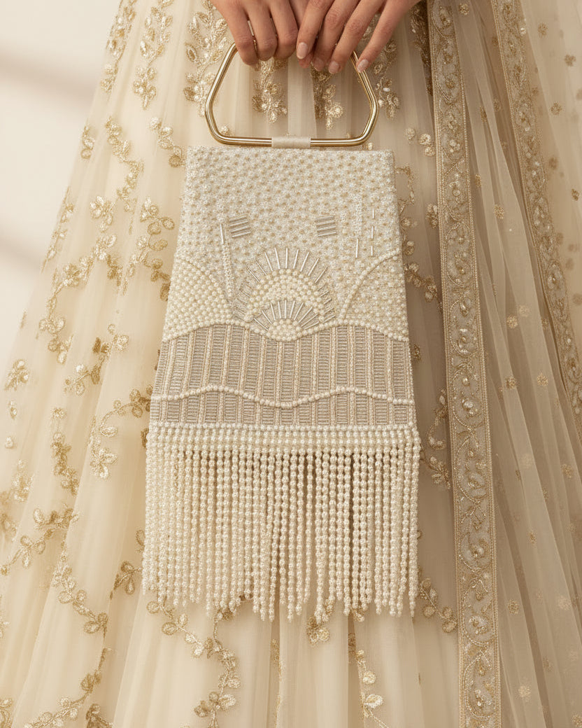 Pearl Embroidered Gold Trapeze Handle Handbag