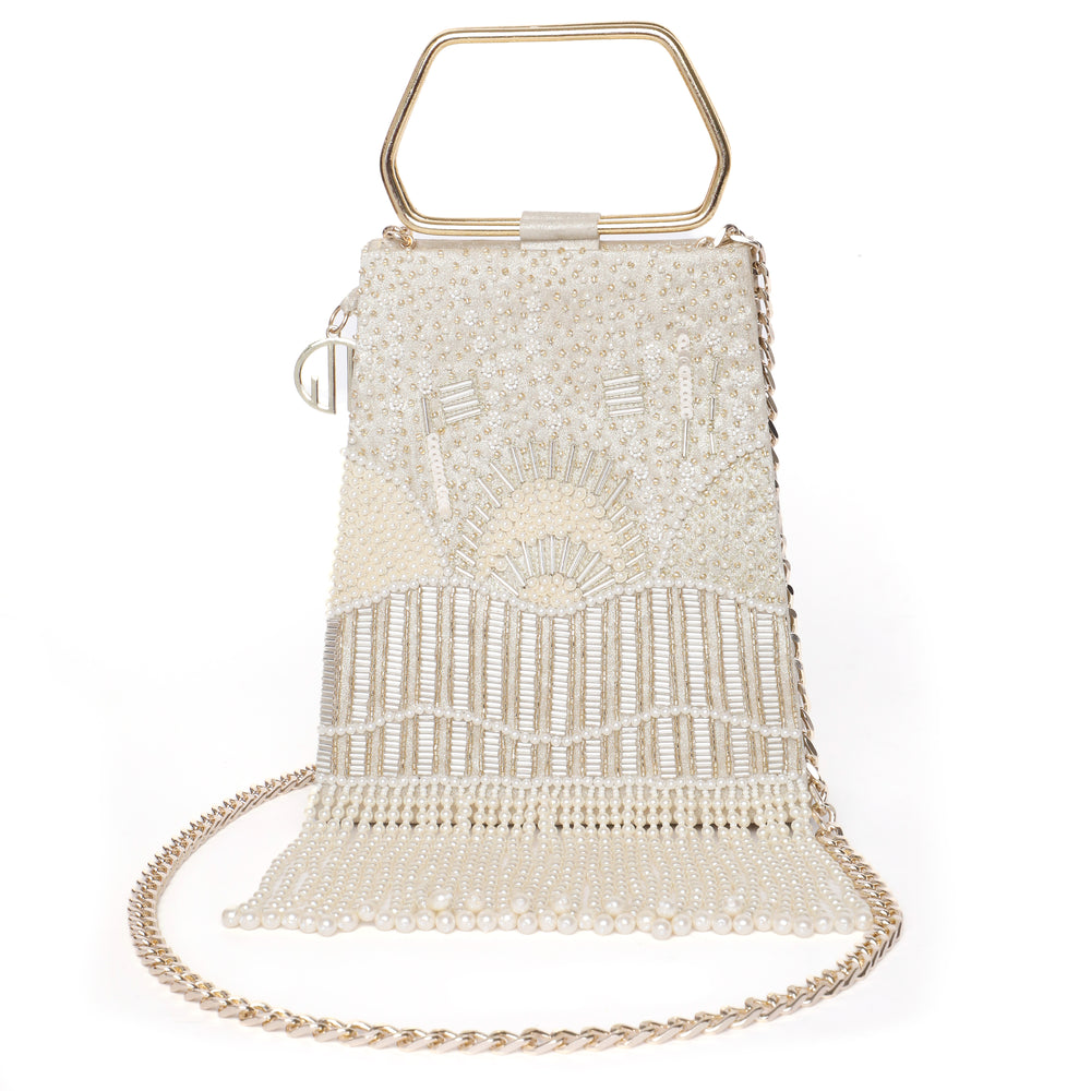 Pearl Embroidered Gold Trapeze Handle Handbag