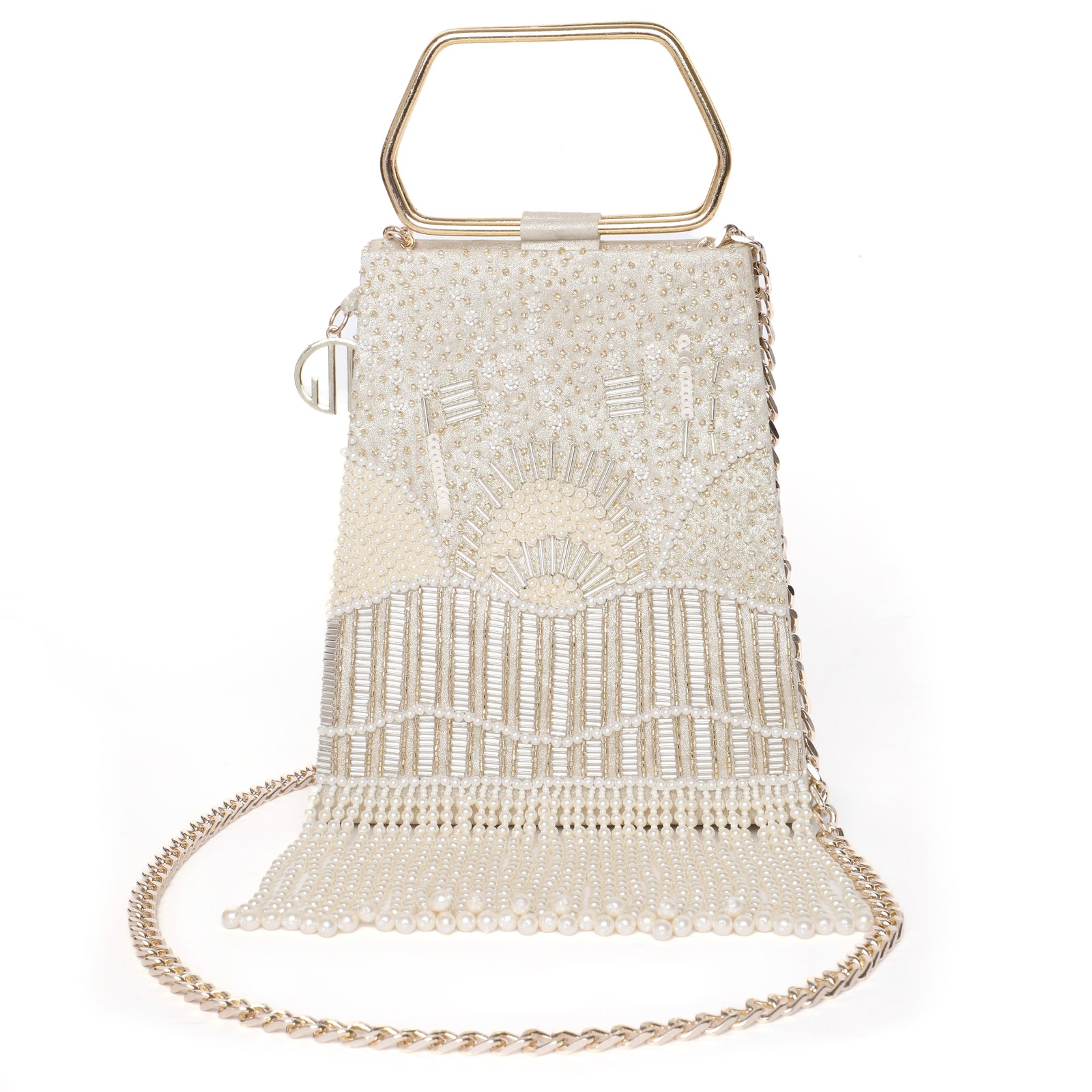 Pearl Embroidered Gold Trapeze Handle Handbag