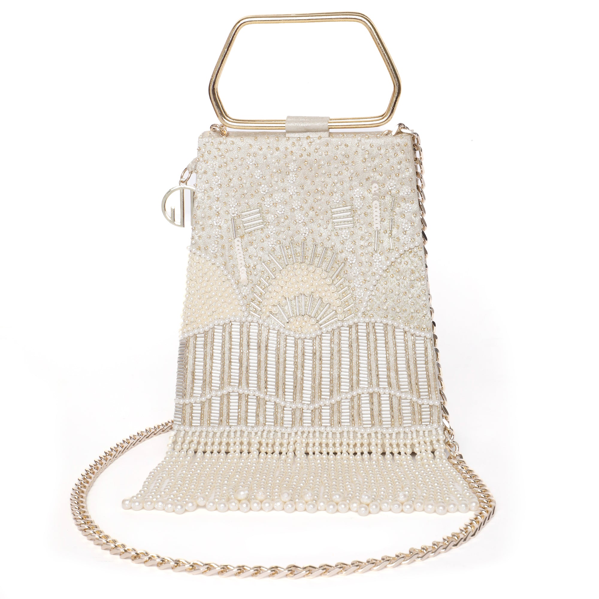 Pearl Embroidered Gold Trapeze Handle Handbag