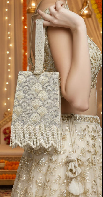 Pearl Embroidered Gold Wristlet Handbag
