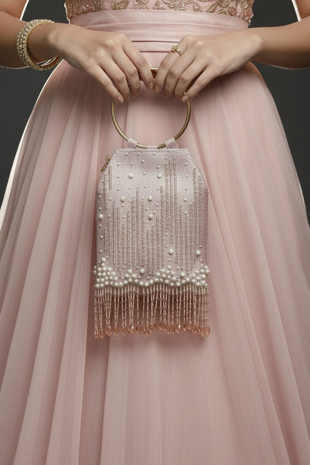 Pearl Embroidered Pink Bangle Handle Handbag