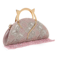 Pearl Embroidered Pink Halfmoon Clutch