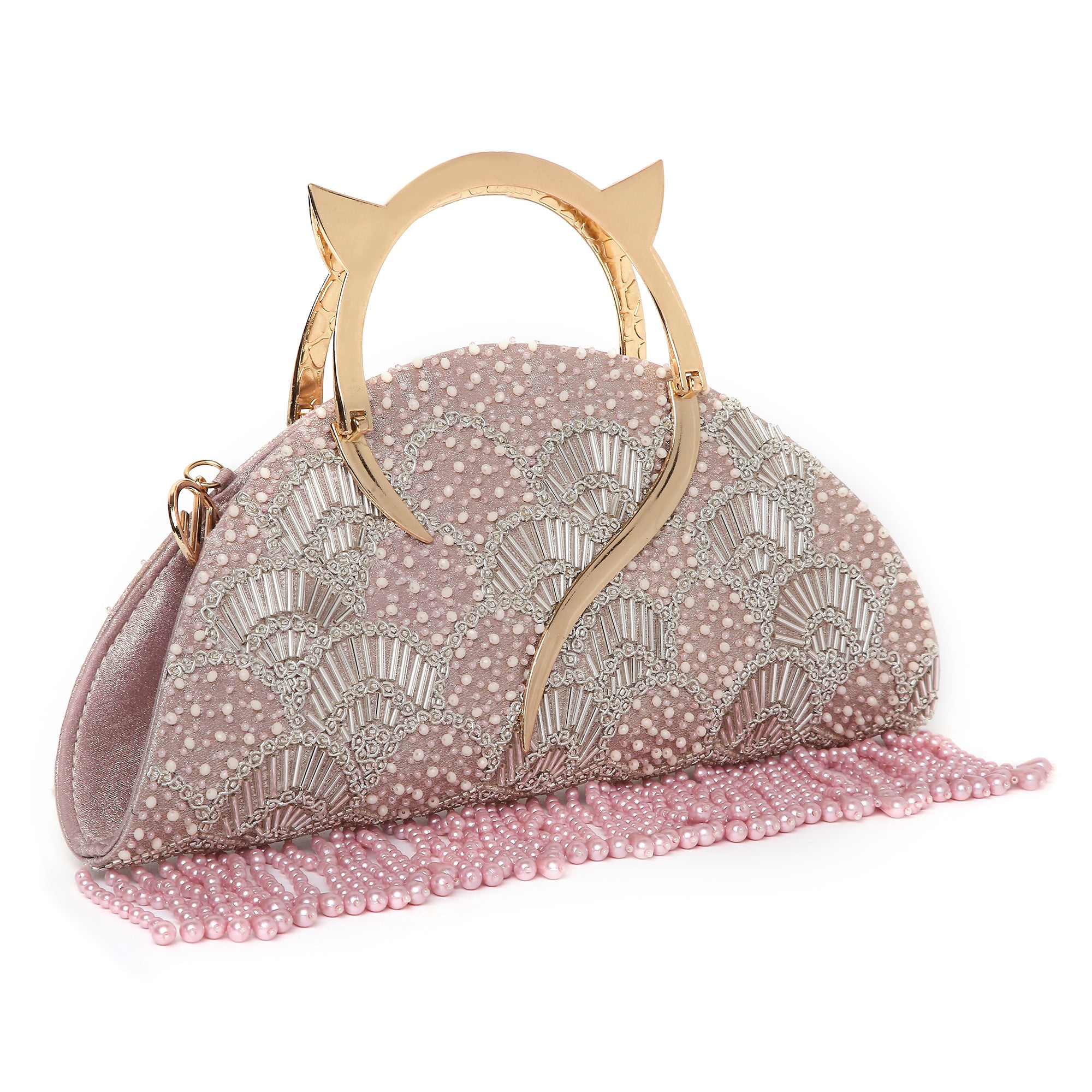 Pearl Embroidered Pink Halfmoon Clutch