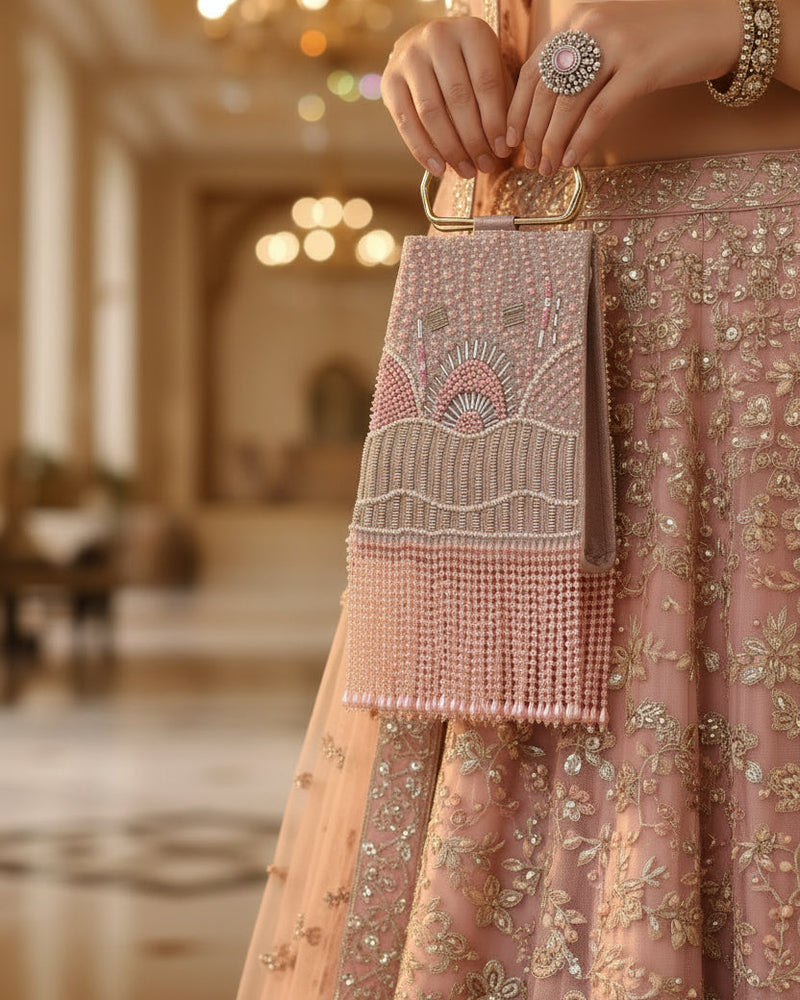 Pearl Embroidered Pink Trapeze Handle Handbag