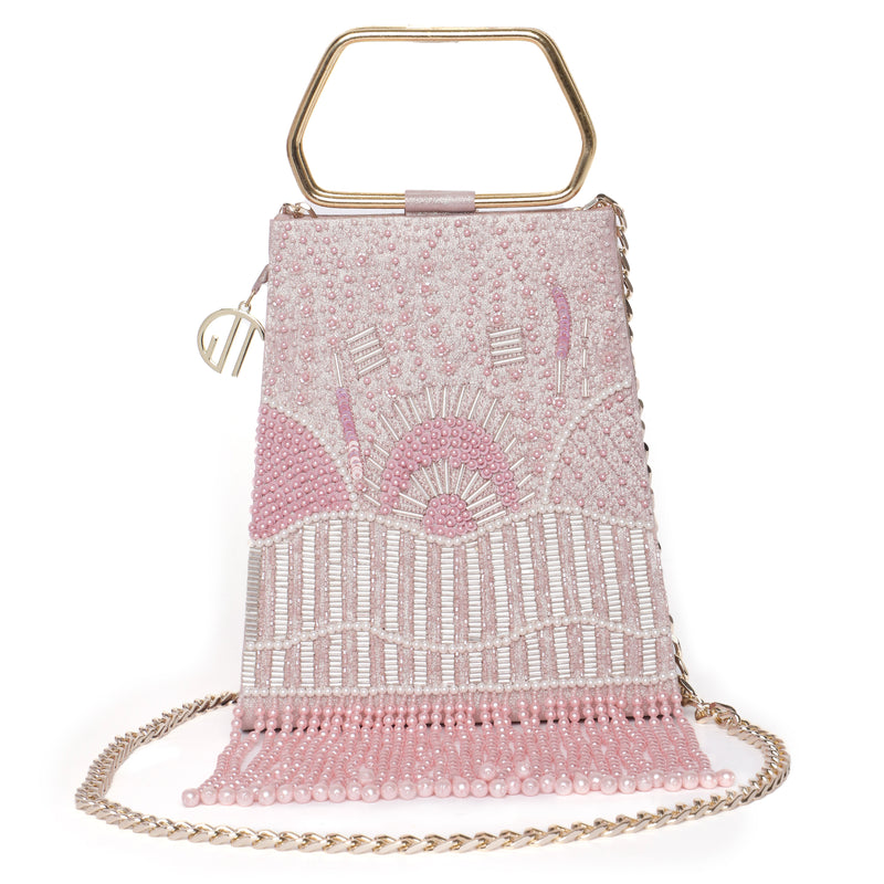 Pearl Embroidered Pink Trapeze Handle Handbag
