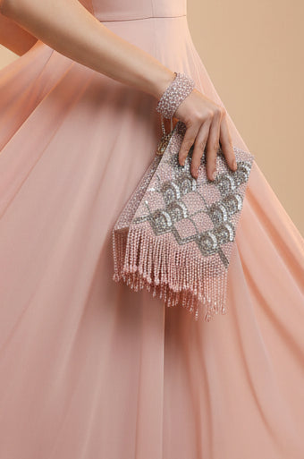 Pearl Embroidered Pink Wristlet Handbag