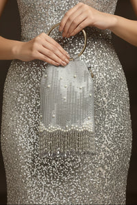 Pearl Embroidered Silver Bangle Handle Handbag