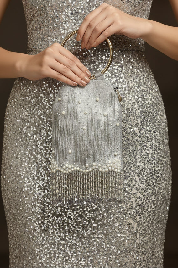 Pearl Embroidered Silver Bangle Handle Handbag