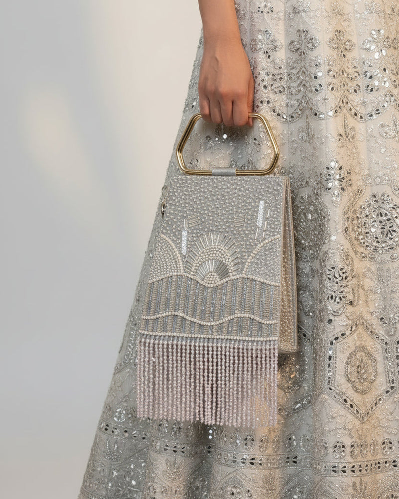Pearl Embroidered Silver Trapeze Handle Handbag
