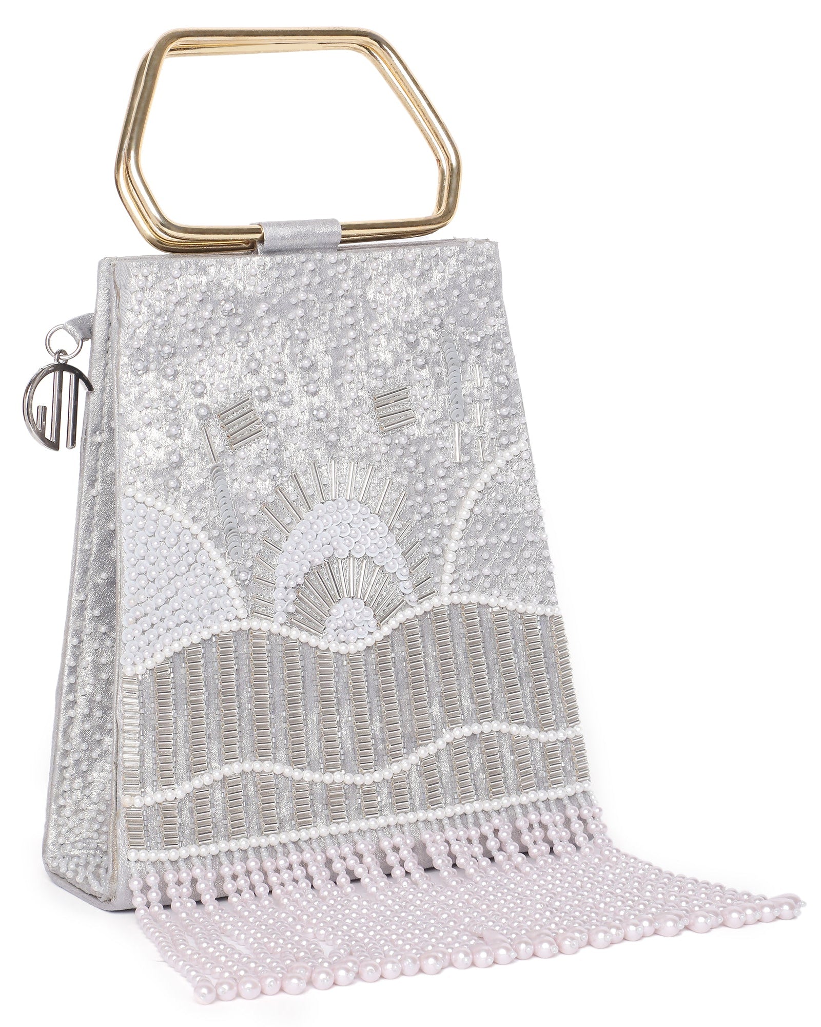 Pearl Embroidered Silver Trapeze Handle Handbag