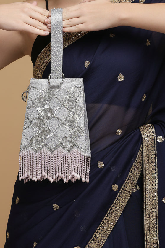 Pearl Embroidered Silver Wristlet Handbag