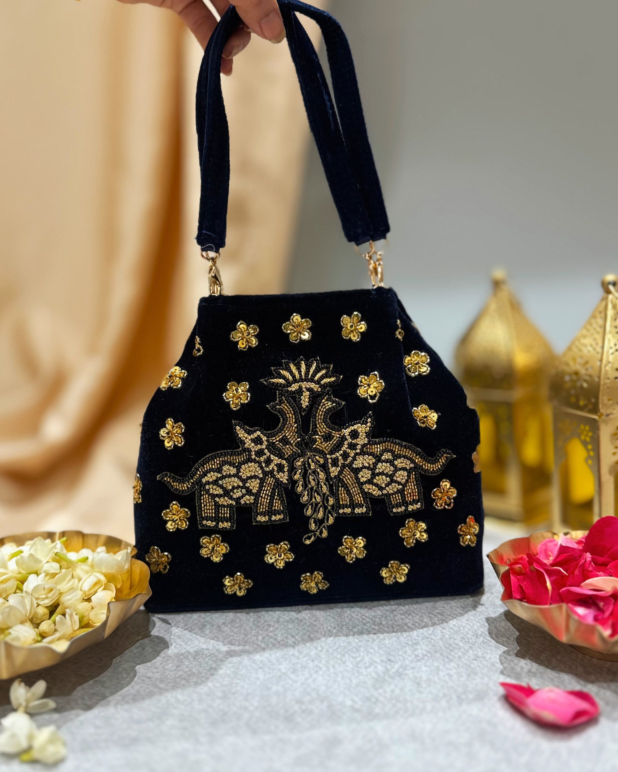 Elephant Pichwai Blue Velvet Handbag