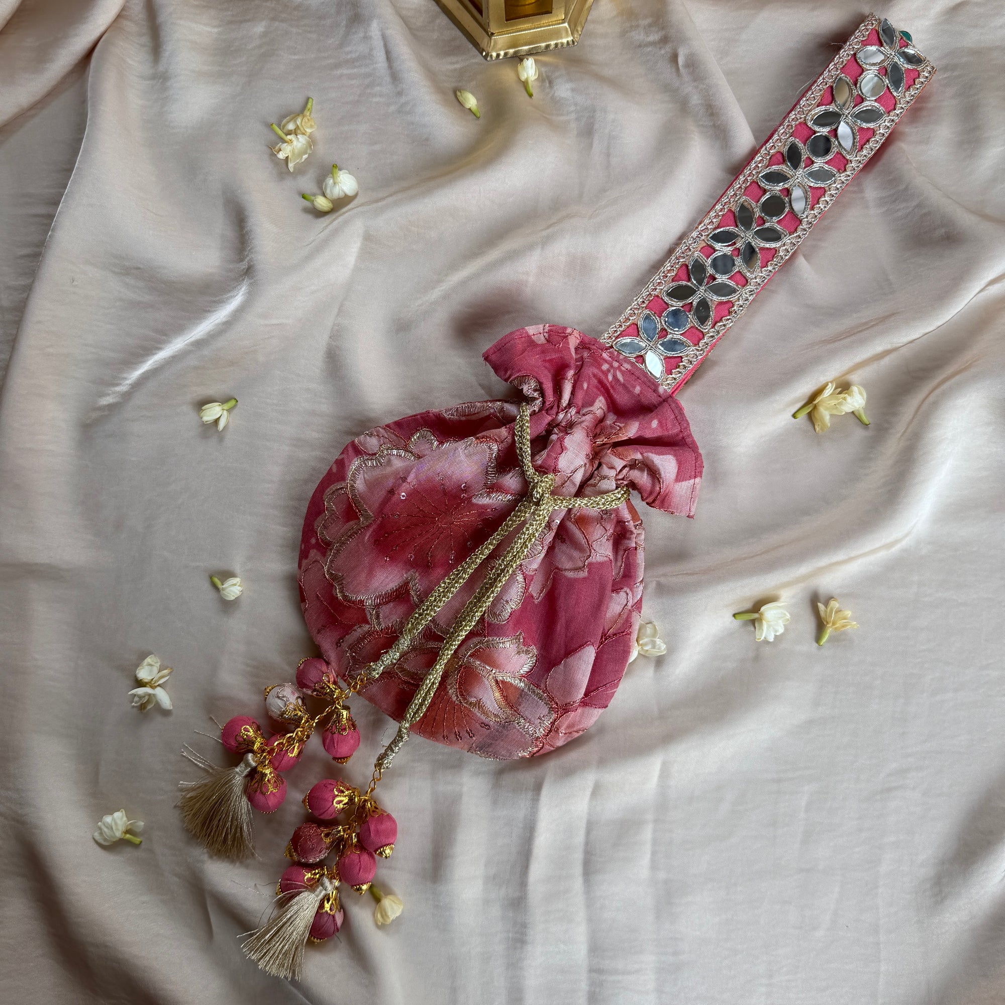 Pink Floral Mirror Work Strap Potli