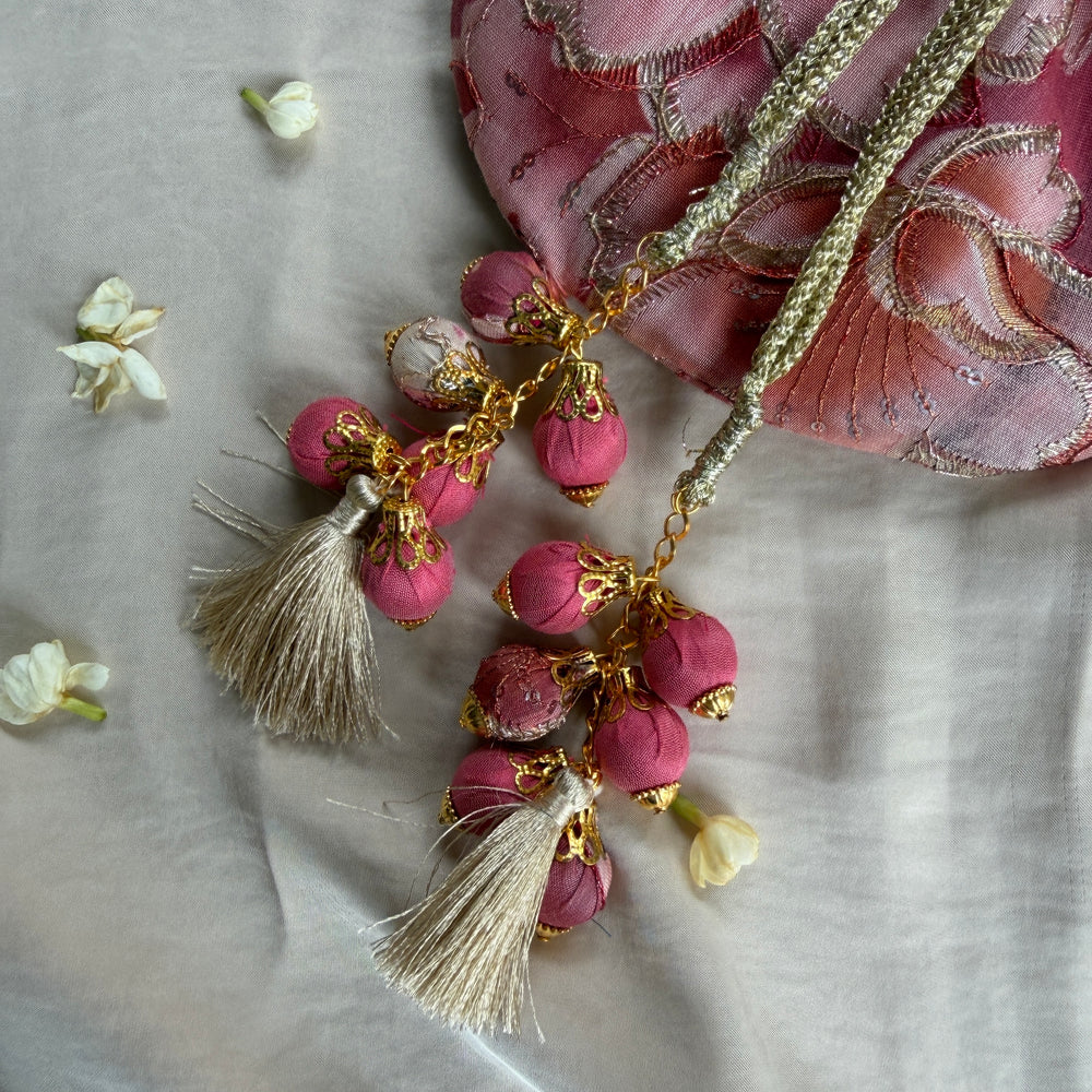 Pink Floral Mirror Work Strap Potli