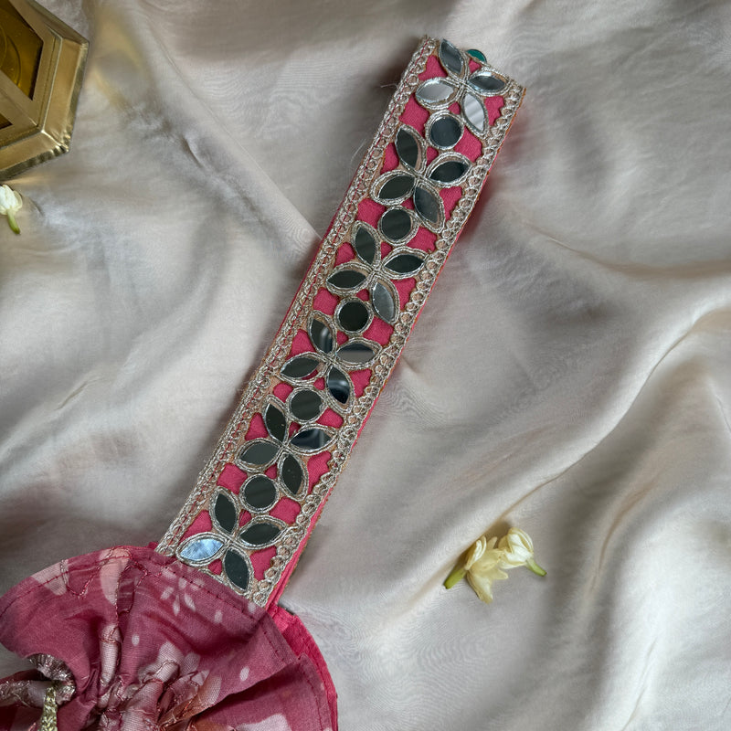 Pink Floral Mirror Work Strap Potli