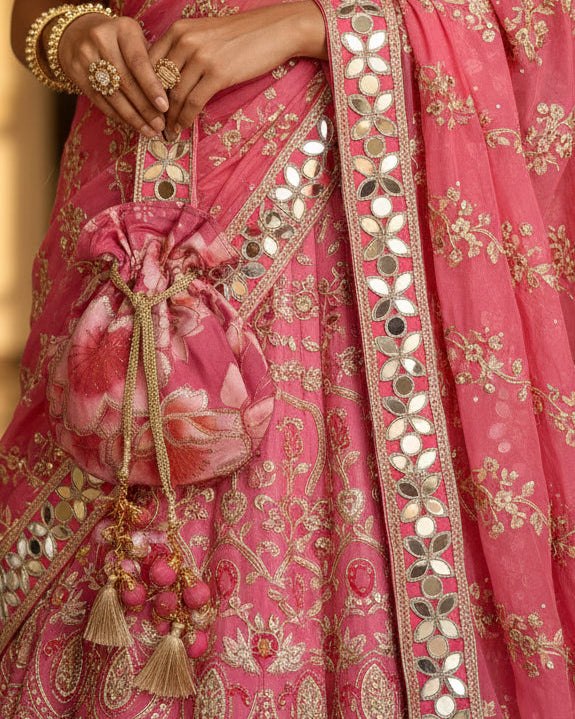 Pink Floral Mirror Work Strap Potli