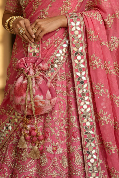 Pink Floral Mirror Work Strap Potli