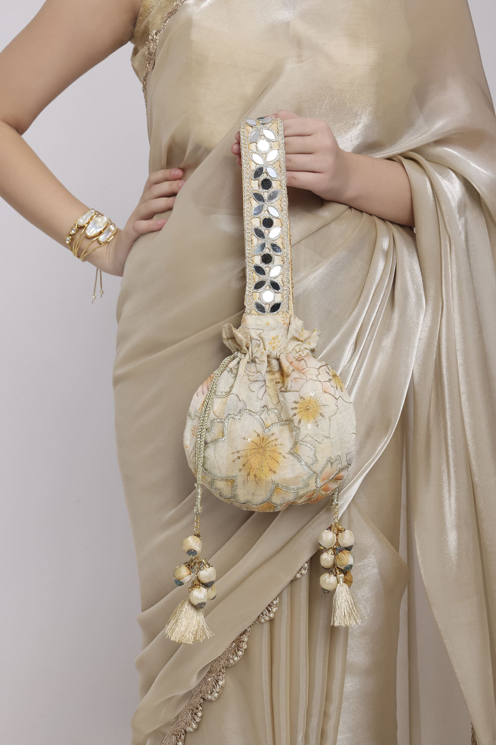 Beige Floral Mirror Work Strap Potli