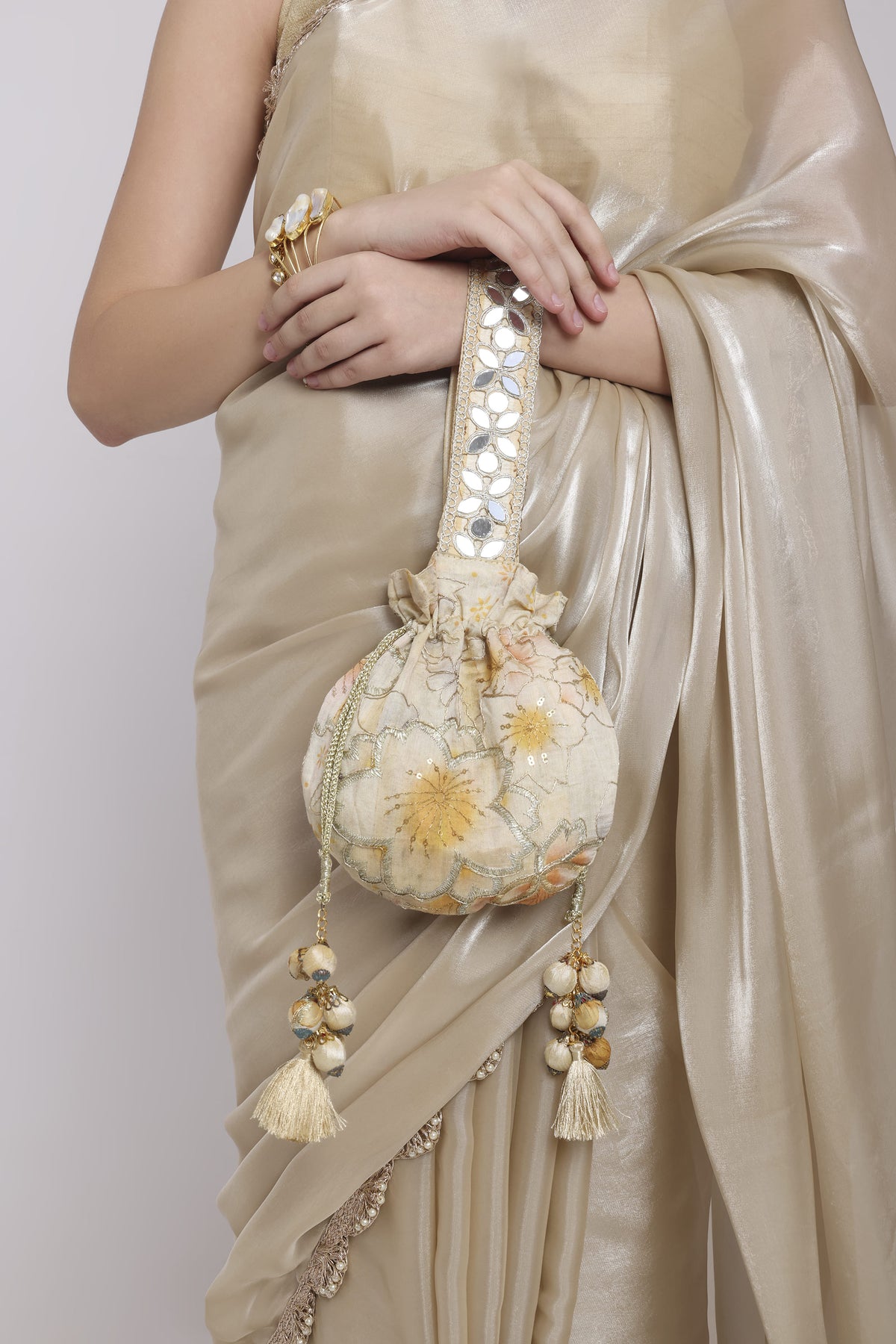 Beige Floral Mirror Work Strap Potli
