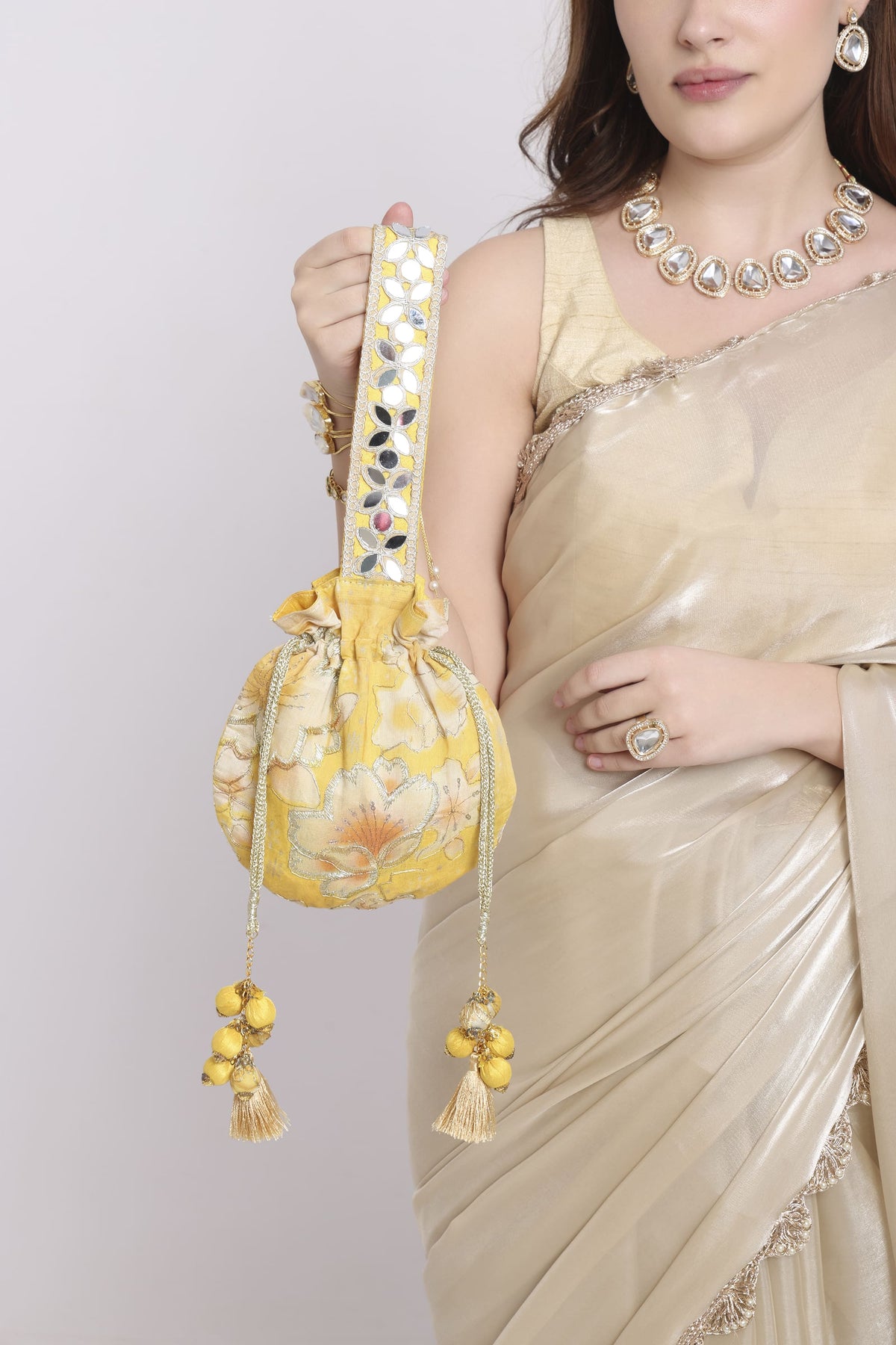 Yellow Floral Mirror Work Strap Potli