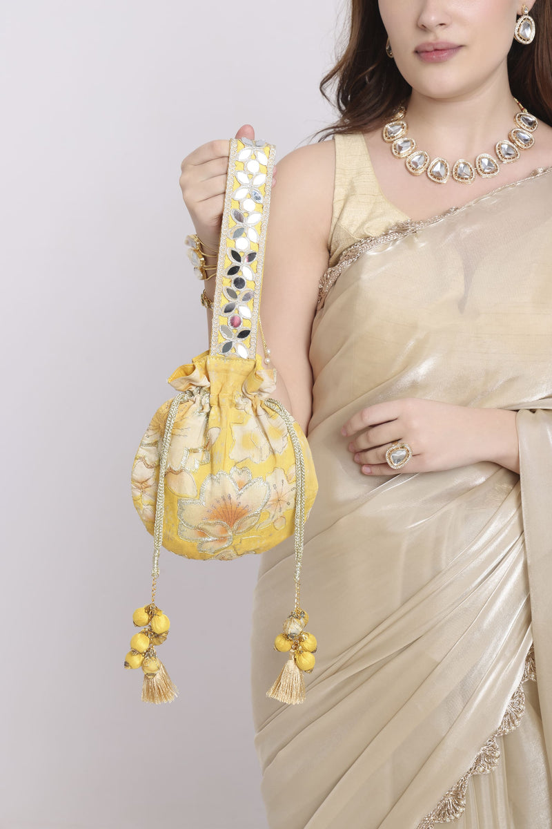Yellow Floral Mirror Work Strap Potli