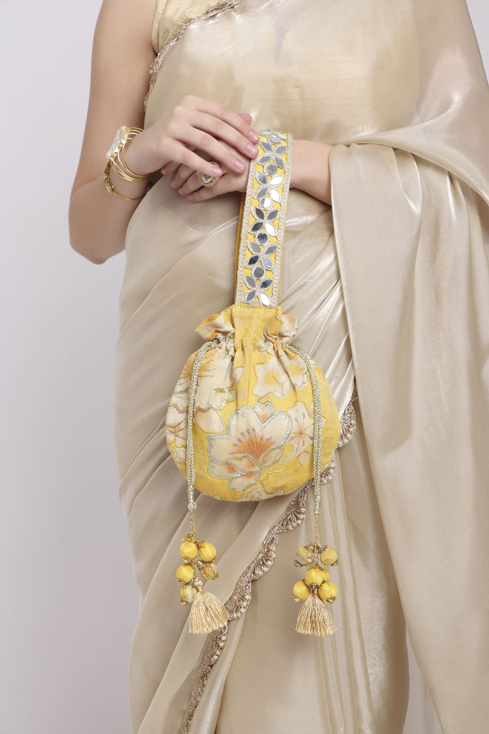Yellow Floral Mirror Work Strap Potli