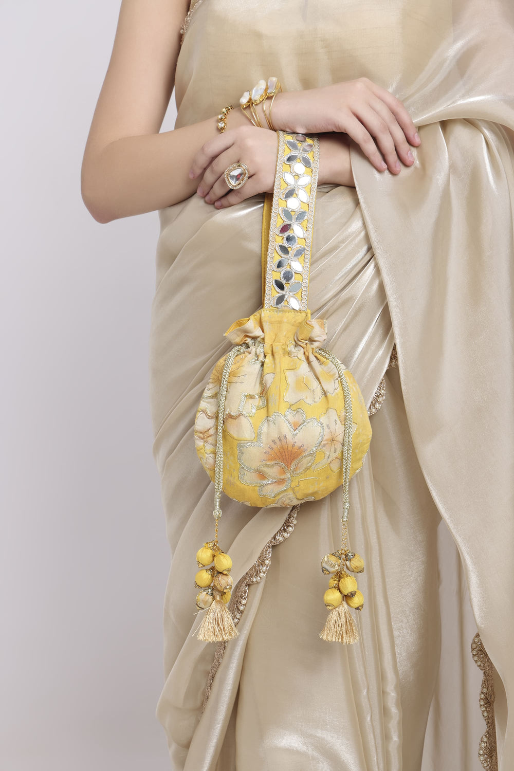 Yellow Floral Mirror Work Strap Potli