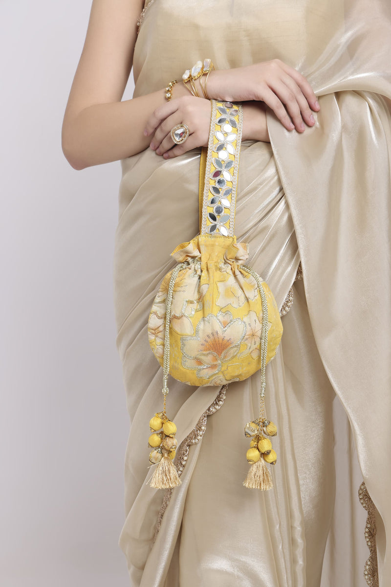 Yellow Floral Mirror Work Strap Potli