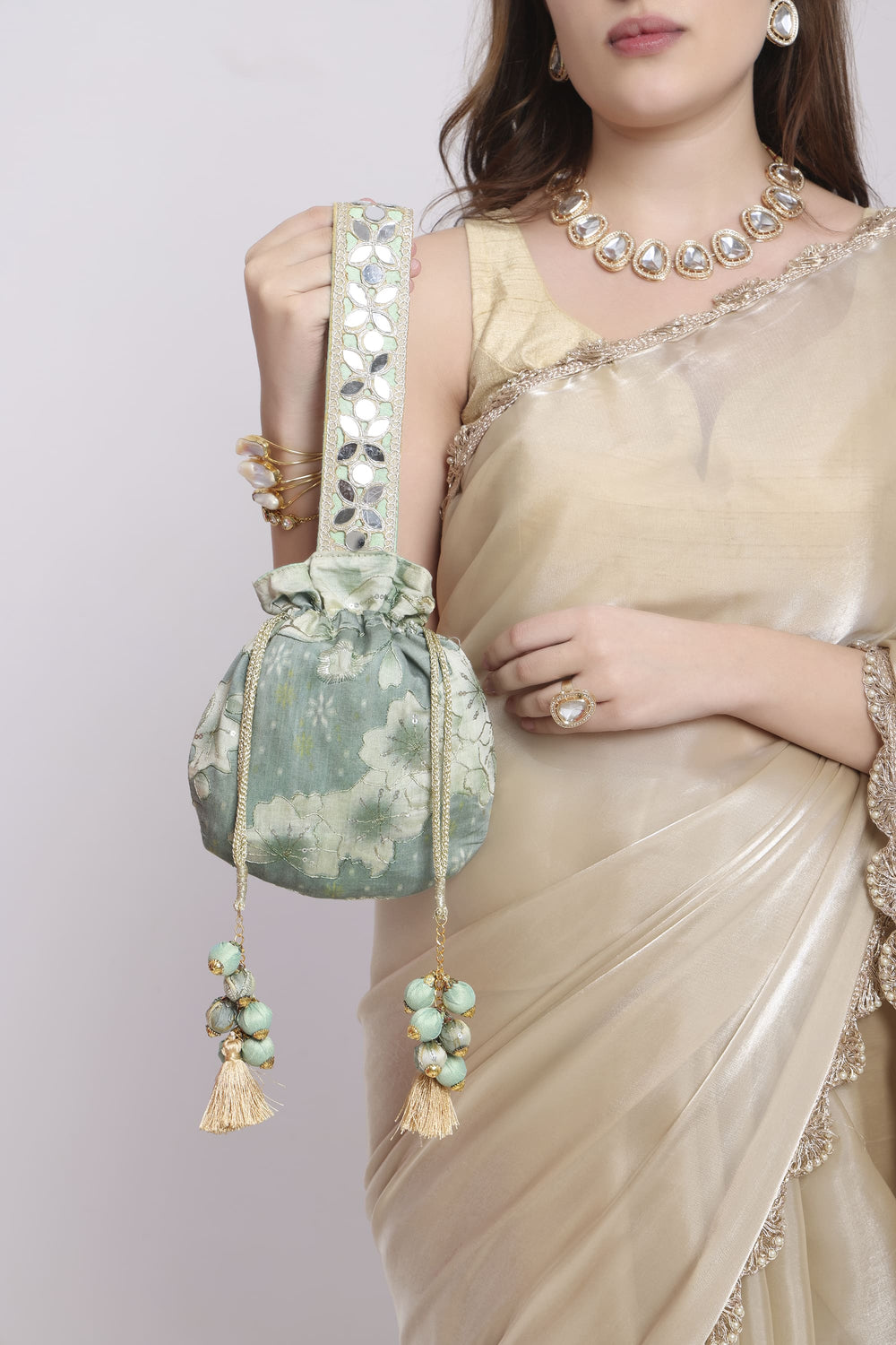 Green Floral Mirror Work Strap Potli