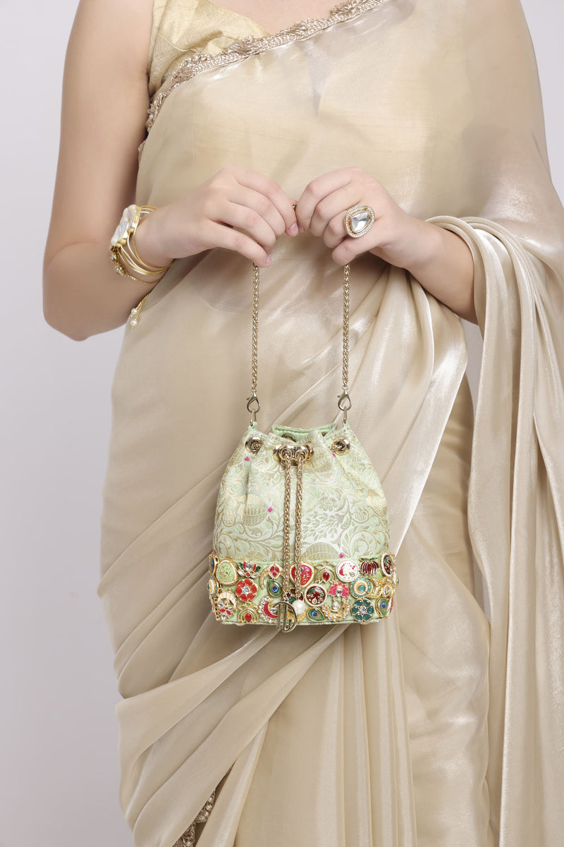 Banarasi Kundan Mint Green Bucket Bag