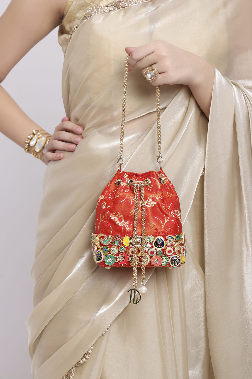 Banarasi Kundan Red Bucket Bag