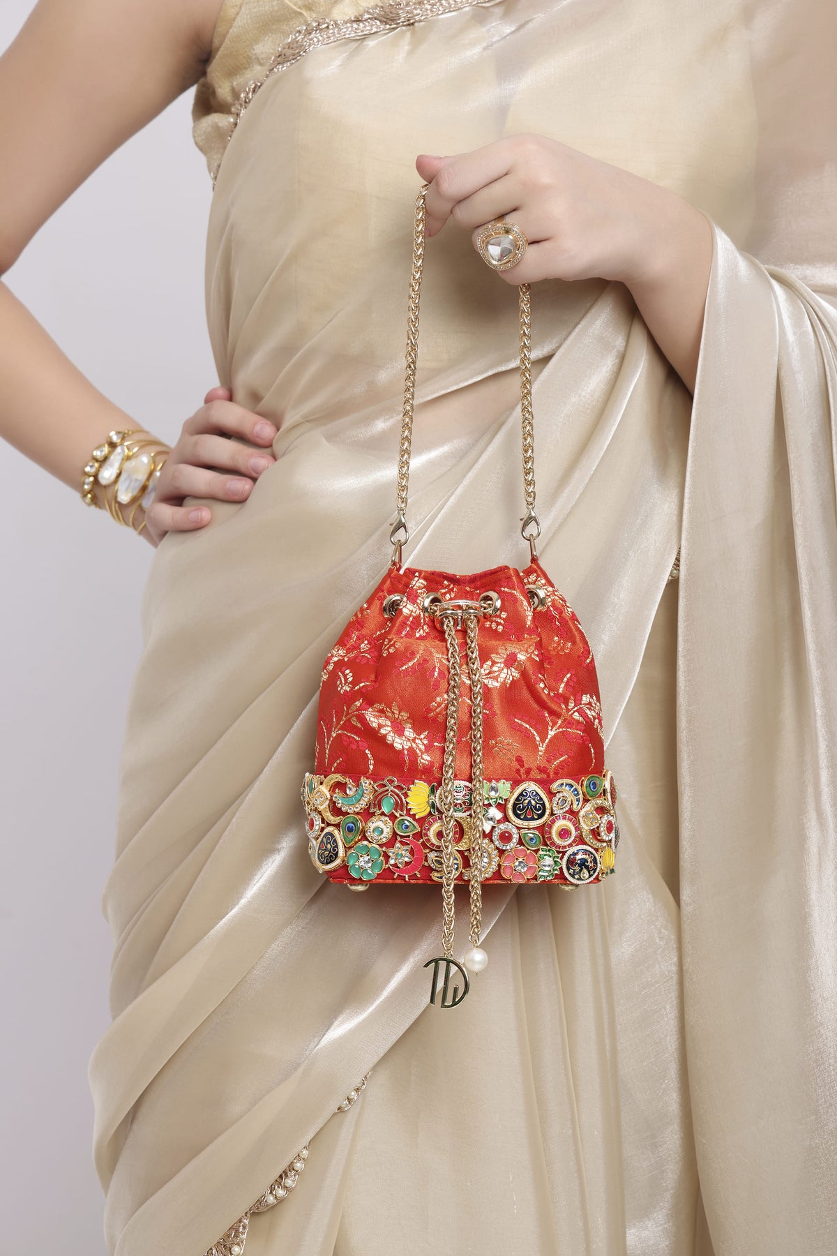 Banarasi Kundan Red Bucket Bag