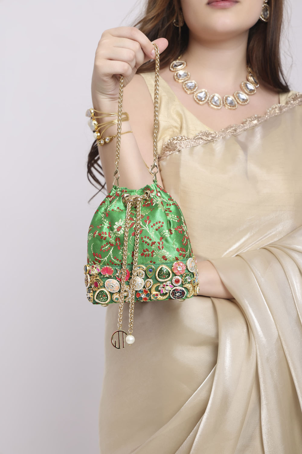 Banarasi Kundan Dark Green Bucket Bag