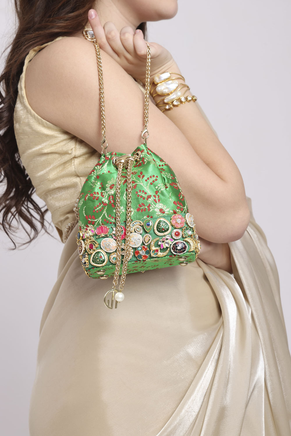 Banarasi Kundan Dark Green Bucket Bag